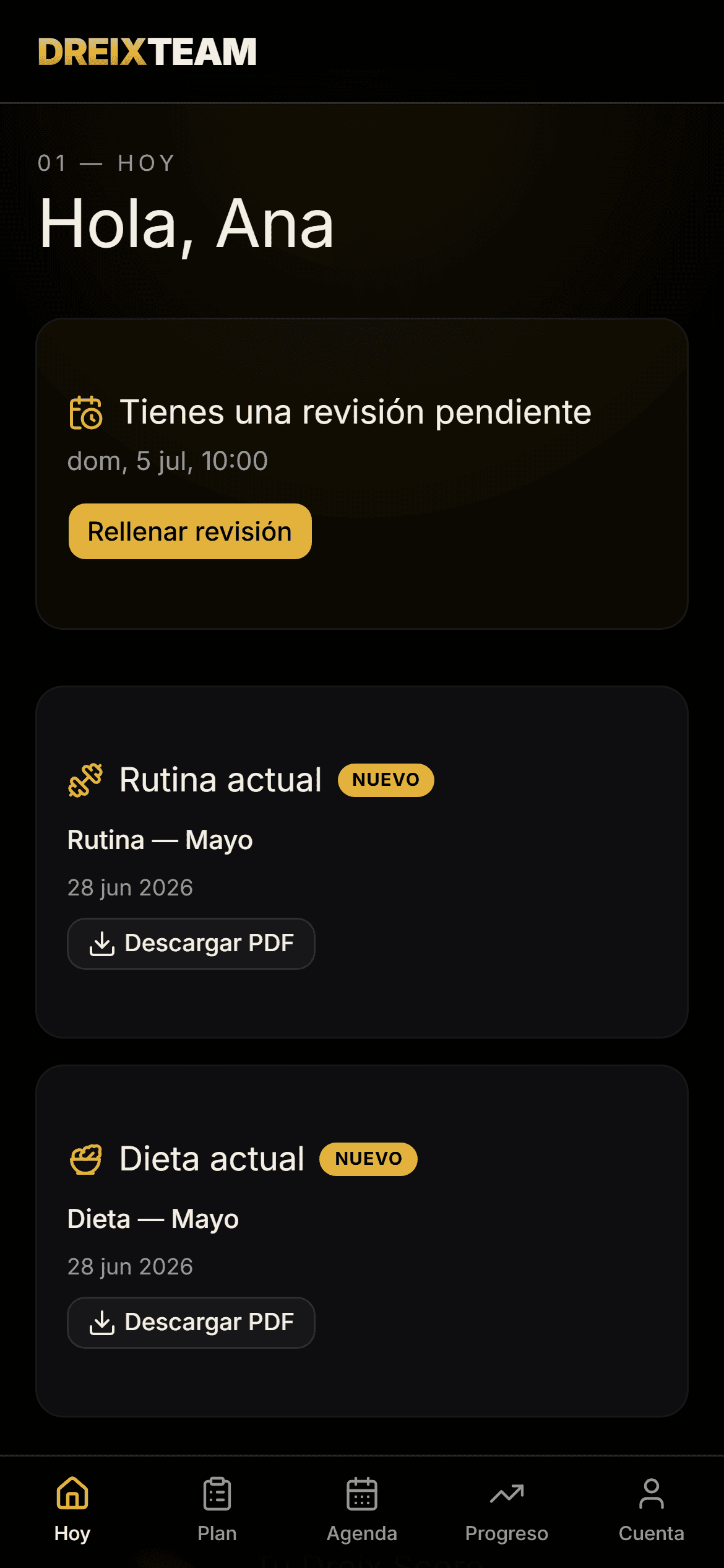 App de cliente de Dreix Team: pantalla de inicio del día