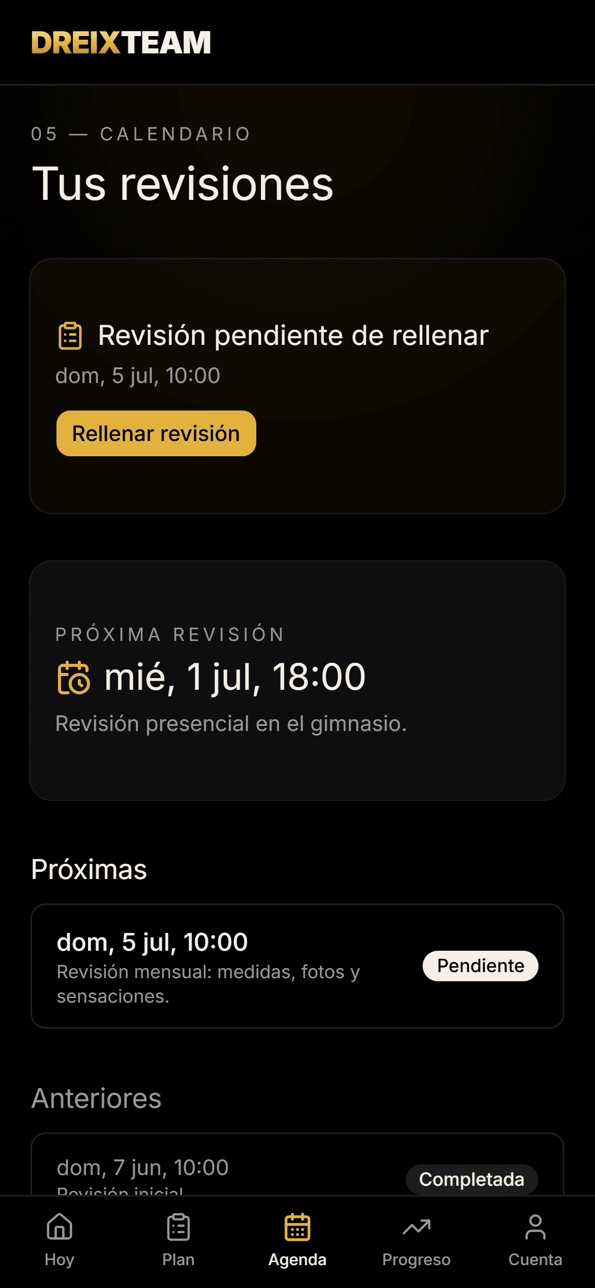 App de cliente de Dreix Team: revisiones y agenda